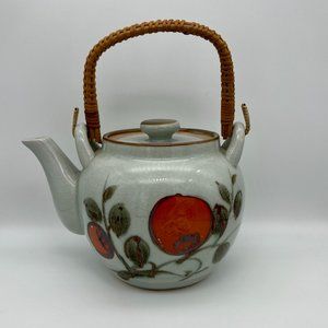 Ceramic Teapot with Painted Orange Branch Decoration & Wicker Handle